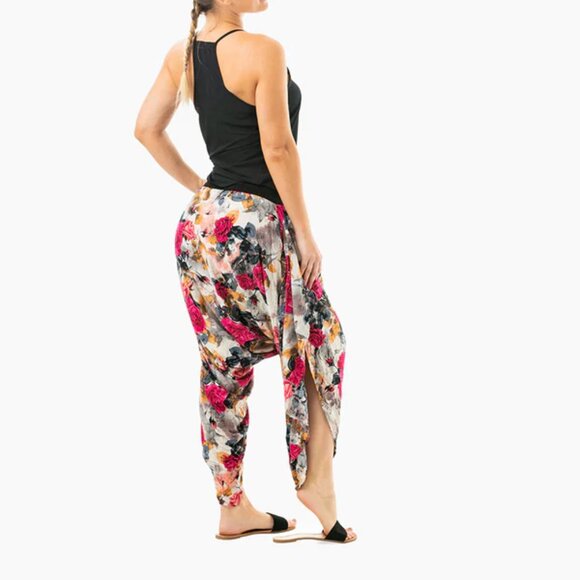 Flap Harem Pant Open Side Tasseled Drawstring Yoga Travel Beach Floral Pink Kira - Picture 5 of 12